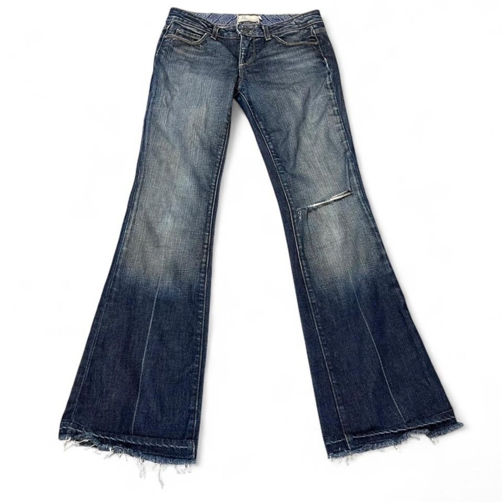 Paige blue denim jeans with frayed hem and cute butt pocket detail